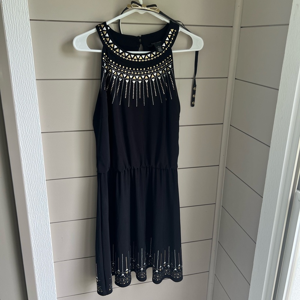 White House Black Market Black Midi Dress with Gold Accents